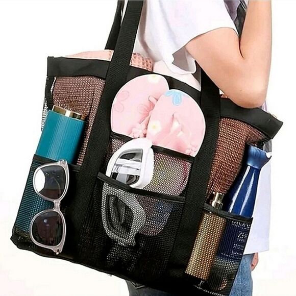 Black Mesh Beach Tote Bag - Picture 1 of 8